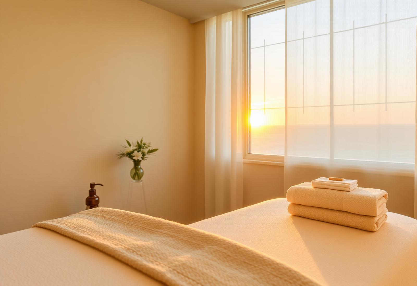 Peaceful massage therapy room at sunset