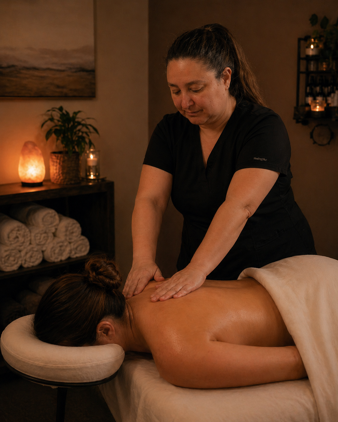 Michelle Reed providing a calming back massage in a candlelit treatment room